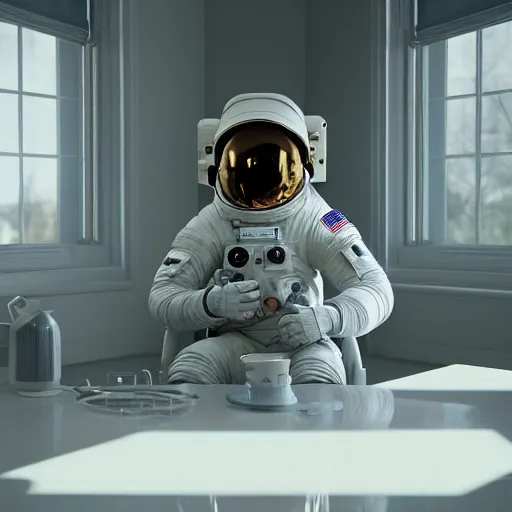 Prompt: a beautiful photo of an astronaut waiting in the kitchen, soft light, morning light, photorealistic, realistic, octane, 8k, cinematic shot