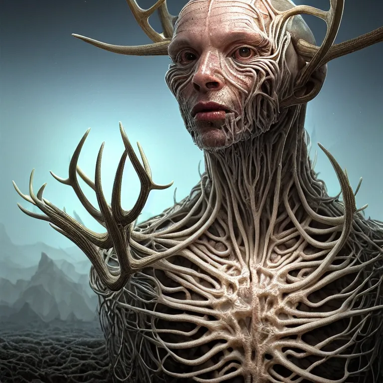 Image similar to portrait of transparent alien man with ribbed body, covered with twisted ribbed crooked antlers in wastelands on white exoplanet, baroque portrait painting, beautiful intricate insanely detailed octane render, artstation, 8 k artistic photography, photorealistic, volumetric perfect light, chiaroscuro, raphael, caravaggio, beksinski, rutkowski, giger