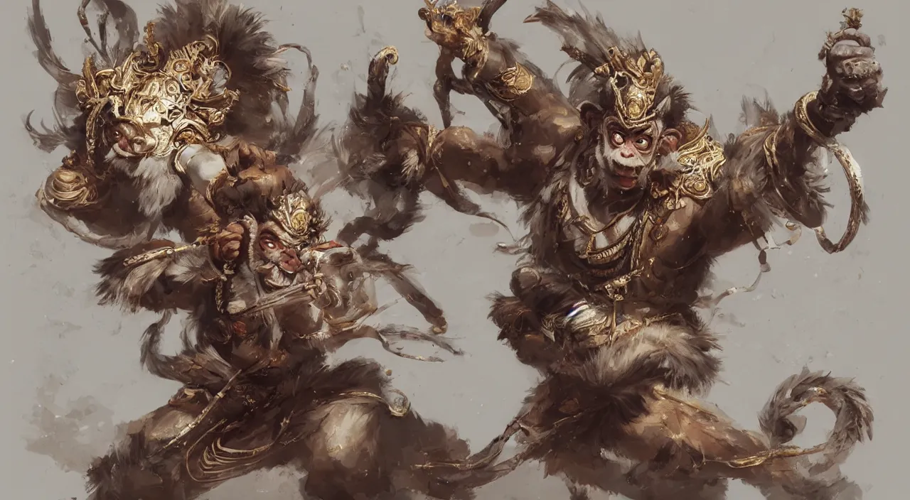 Image similar to concept art of monkey king 孙 悟 空 from chinese myth 西 游 记, 紫 金 冠, 黄 金 甲, concept art, artstation by jean - baptiste monge and craig mullins and greg rutkowsk