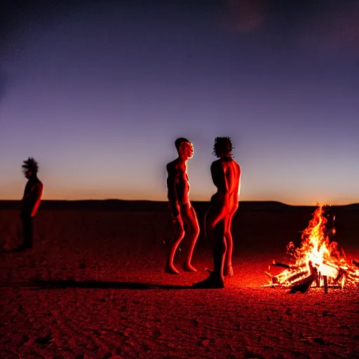 Prompt: atmospheric photograph of three fully clothed ravers, two men, one woman, seen from behind, talking around a fire, dancefloor kismet, diverse costumes, clean composition, desert transition area, bonfire, night, australian desert, xf iq 4, symmetry, sony a 7 r, 1 5 0 mp, 5 0 mm