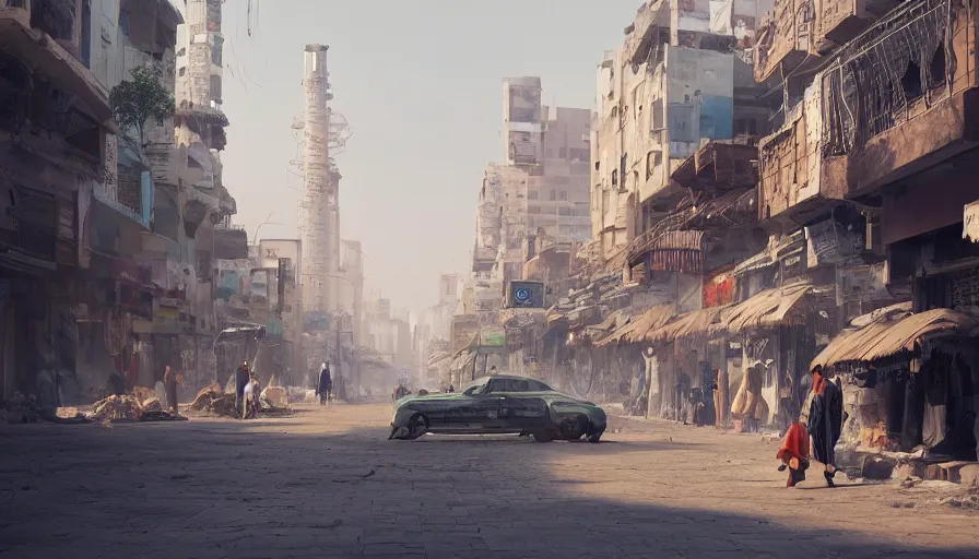 Prompt: jeddah city street, roshan, shops, a bright pharmacy, a nomad wearing a worn out coat, plants, old tree, kids, dramatic lighting fantasy, sci fi, by caspar david friedrich by beeple and james gilleard and justin gerard, centered, artstation, smooth, sharp focus, photoreal octane render, by jean baptiste monge