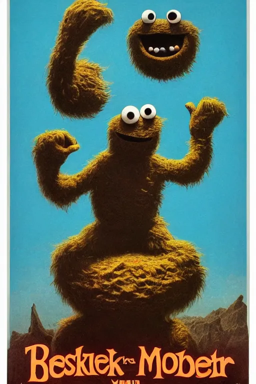 Image similar to vintage Cookie Monster movie poster, 2D matte illustration, Beksinkski, Moebius, Frank Frazetta