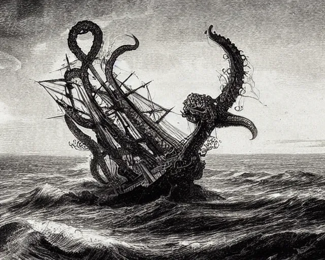 Prompt: “An engraving of a kraken attacking a sailing ship in a stormy sea by Gustave Dore”