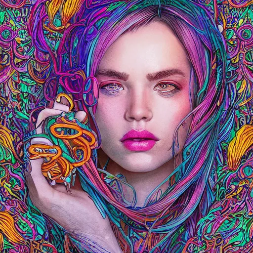 Prompt: the portrait of a ridiculously beautiful and pretty woman partially made of onion rings of all colors looking up, an ultrafine detailed illustration by james jean, final fantasy, intricate linework, bright colors, behance contest winner, vanitas, angular, altermodern, unreal engine 5 highly rendered, global illumination, radiant light, detailed and intricate environment