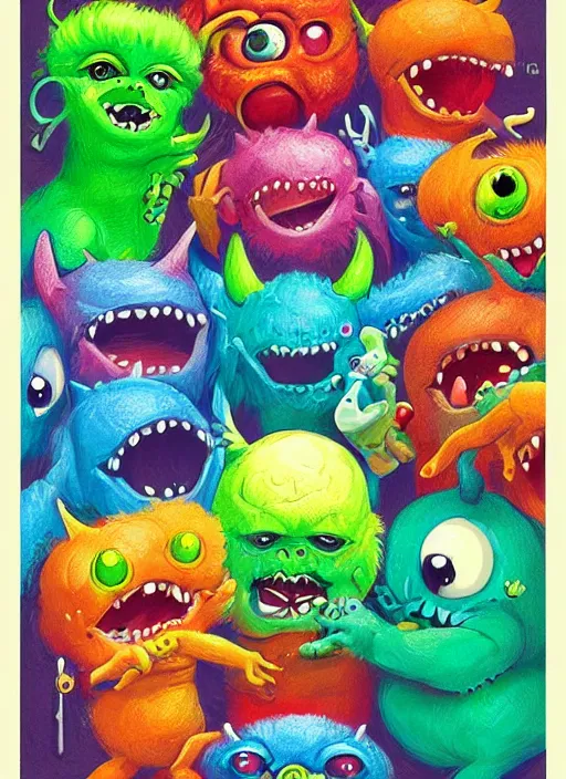 Prompt: cute baby monsters, colorful, digital art, fantasy, magic, trending on artstation, ultra detailed, professional illustration,chalk, poster artwork by Basil Gogos , clean