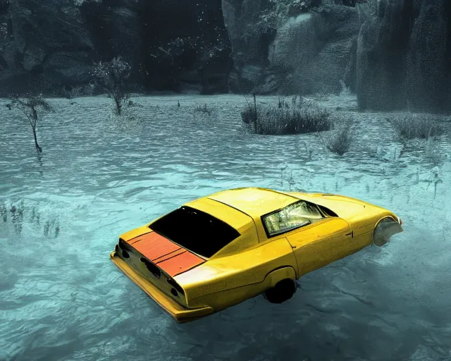 Image similar to white lotus esprit submerged under water, cinematic, photoreal, by red dead redemption 2