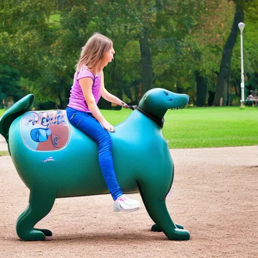 Image similar to girl riding a giant schanuzer dog at the park