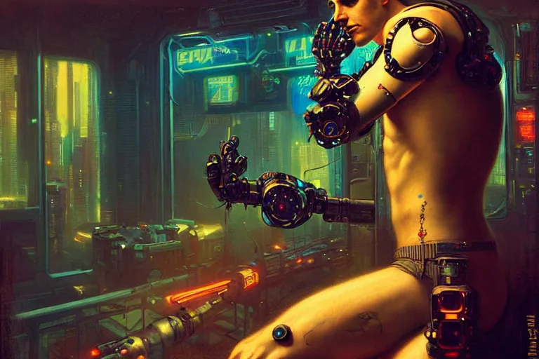 Prompt: cyberpunk style, attractive male with tattoo, robotic arm, neon lights, cool tint, painting by gaston bussiere, craig mullins, j. c. leyendecker, tom of finland