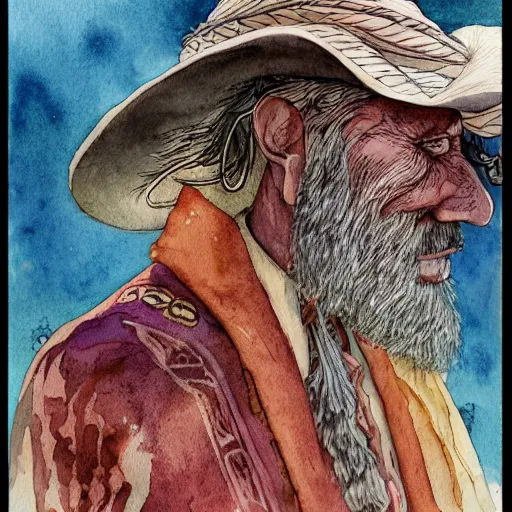 Image similar to a 3 / 4 view watercolor ink painting of old shaman and american man near, old mexican magician closes eyes, gray haired, in the style of jean giraud in the style of moebius trending on artstation deviantart pinterest detailed realistic hd 8 k high resolution