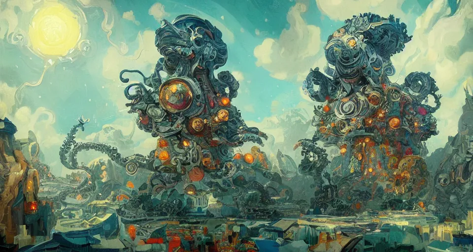 Image similar to multiversal otherworldly realm with flying mecha octopus with chic streets and shops and lush volcanic garden and intricate luxurious scifi homes, allegorical style, by peter mohrbacher, jeremy mann, francoise nielly, van gogh, ross tran, beautiful, award winning scenery