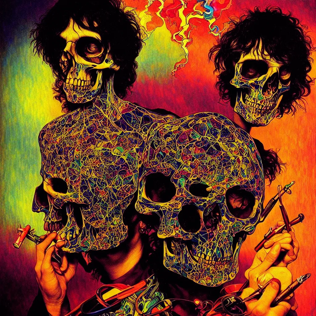 Image similar to bright psychedelic photo of SYD BARRETT SKULL SMOKING, diffuse lighting, fantasy, intricate, elegant, highly detailed, lifelike, photorealistic, digital painting, artstation, illustration, concept art, smooth, sharp focus, art by John Collier and Albert Aublet and Krenz Cushart and Artem Demura and Alphonse Mucha