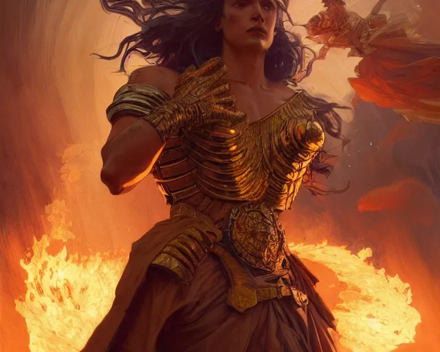 Image similar to battle of kings, fire and dust and golden armor, action, dramatic lighting, intricate, wild, highly detailed, digital painting, artstation, concept art, smooth, sharp focus, illustration, art by artgerm and greg rutkowski and alphonse mucha