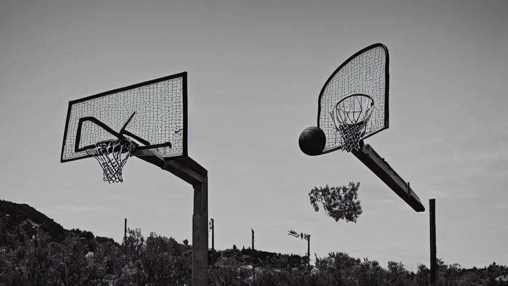 Image similar to photograph of an isolated basketball backboard and rim on a dirt court in a scenic location, in the styles of cameron look, andrew bernstein, and ansel adams. intricate, hyperrealistic, monochrome hdr, accurate court