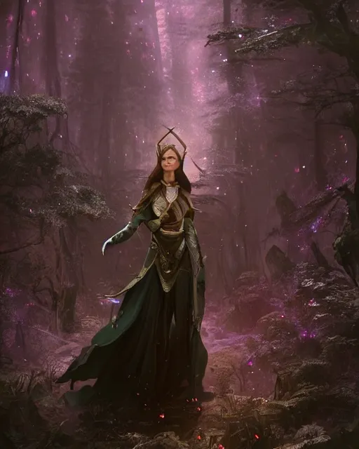 Image similar to sarah bolger as dnd elf with black hair black dress as pathfinder in a nebula forest by greg rutkowski, high key lighting, volumetric light, digital art, highly detailed, fine detail, intricate, ornate, complex, octane render, unreal engine, photorealistic digital painting, artstation, concept art, sharp focus, art by greg rutkowski and alphonse mucha