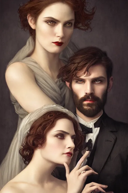 Prompt: a portrait of handsome young evil male Satan and his elegant beautiful wife, bored, illustration, dramatic lighting, soft details, painting oil on canvas, art nouveau, octane render, HDR, 4k, 8k, HD, by Edmund Blair Leighton, Brom, Charlie Bowater, trending on artstation, faces by Tom Bagshaw, Sargent