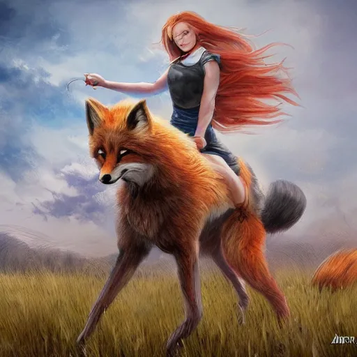 Image similar to girl riding a giant fox in a field, trending on artstation