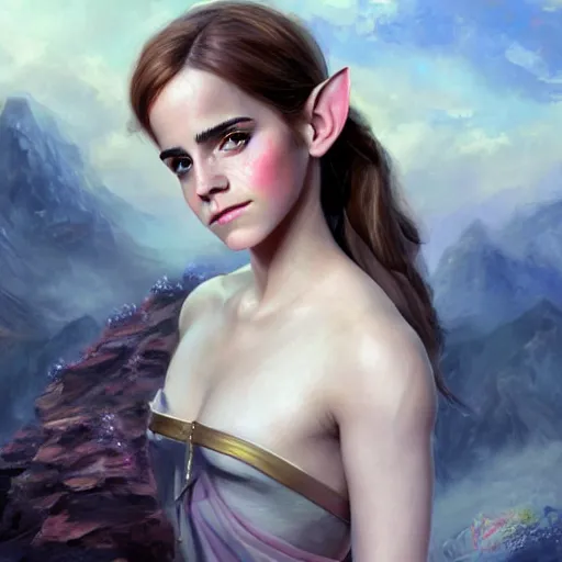 Prompt: a movie still frame, of emma watson as a female elf, oil on linen, beautiful painting, by tooth wu, artgerm, fantasy concept art portrait, by bayard wu,