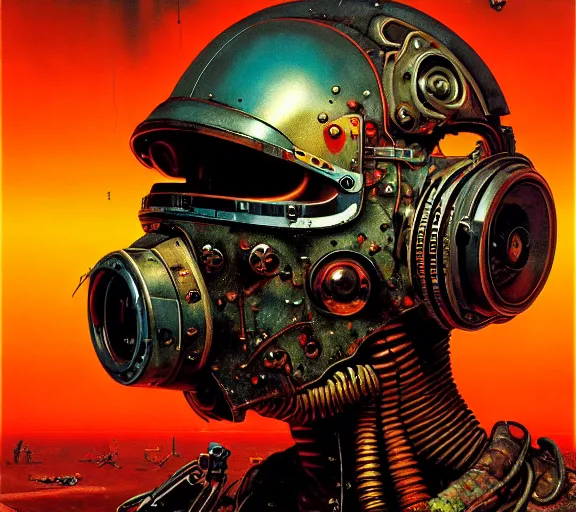 Prompt: junky men, cybertronic gadgets and vr helmet, flesh + technology, durty colours, night, rotten textures, rusty shapes, biotechnology, norman rockwell, tim hildebrandt, wayne barlow, bruce pennington, larry elmore, oil on canvas, deep depth field, masterpiece, cinematic composition, hyper - detailed, hd, hdr