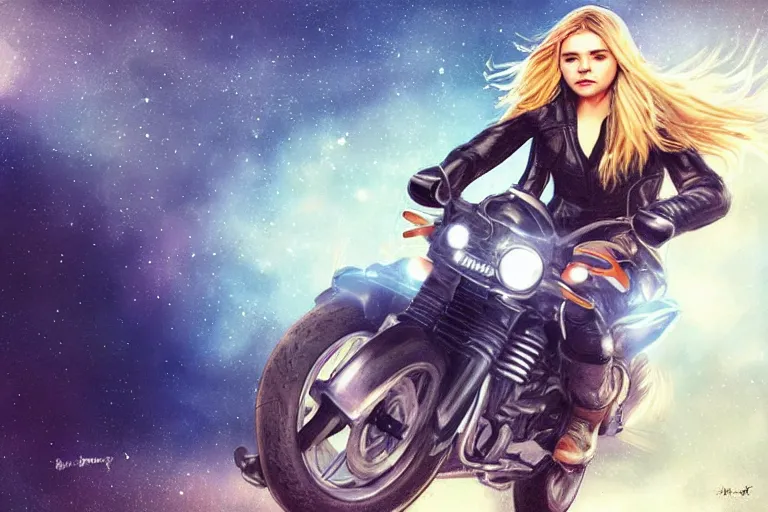 Prompt: chloe grace moretz is riding a motorbike, digital painting, artstation, the space background, concept art, illustration,