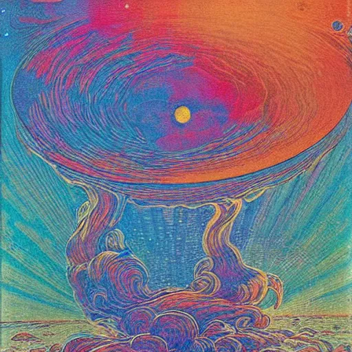 Image similar to cosmic fluffy colorful river octagon eagle neutrino kettle celesta, by zdzislaw beksinski and moebius and filippino lippi, groovy, marvel comics, quantum wavetracing