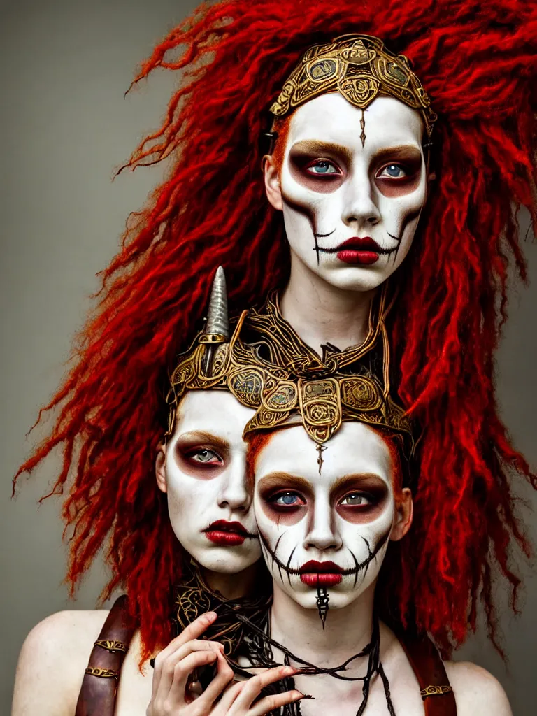 Prompt: a single fierce looking beautiful young woman warrior with curly red hair and symmetrical white makeup, wrapped in leather straps, wearing an intricate head dress made from bones and leather, painted by turner, intricate linework, radiant light, detailed and intricate environment