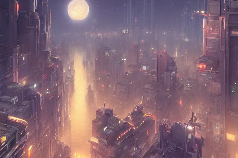 Prompt: a highly detailed matte painting of a city under moon and stars by studio ghibli, makoto shinkai, by artgerm, by wlop, by greg rutkowski, volumetric lighting, cyberpunk, octane render, 4 k resolution, trending on artstation, masterpiece