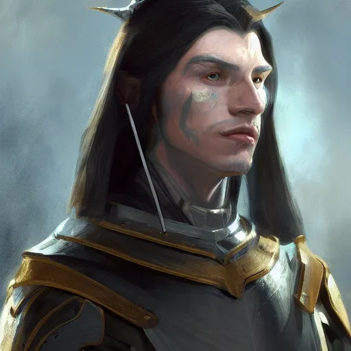 Prompt: character design, a attractive male elf with pale skin, long black hair and proeminent cheekbones, medieval, armor, painting by wlop, nixeu and greg rutkowski, beautiful, semirealism, artstation, octane render, sharpness, 8 k, golden ratio
