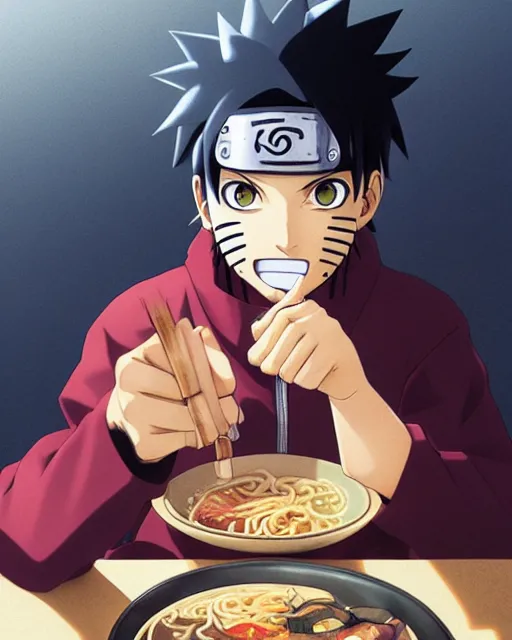 Prompt: naruto eating ramen, medium shot, visible face, detailed, perfectly shaded, perfectly shaded face, atmospheric lighting, by makoto shinkai, stanley artgerm lau, wlop, rossdraws