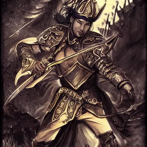 Prompt: a handsome golden magic swordsman glides through a beautiful battlefield magic the gathering dramatic esoteric pen and ink illustrated in high detail by Tatsuki Fujimoto