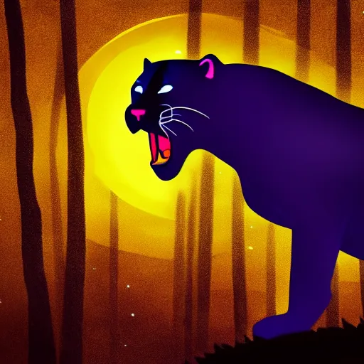 Image similar to a panther roaring at the moon in a forest during the night, large moon in the center. high quality. artistic. illustration. 4 k. cinematic. photoreal. highly detailed. dramatic. dark colors. night.