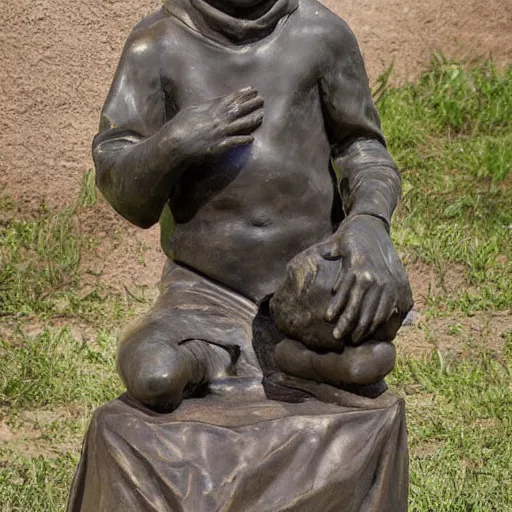 Image similar to high resolution photograph of a bronze cast sculpture of a sad peasant boy in the style of edmund kalb