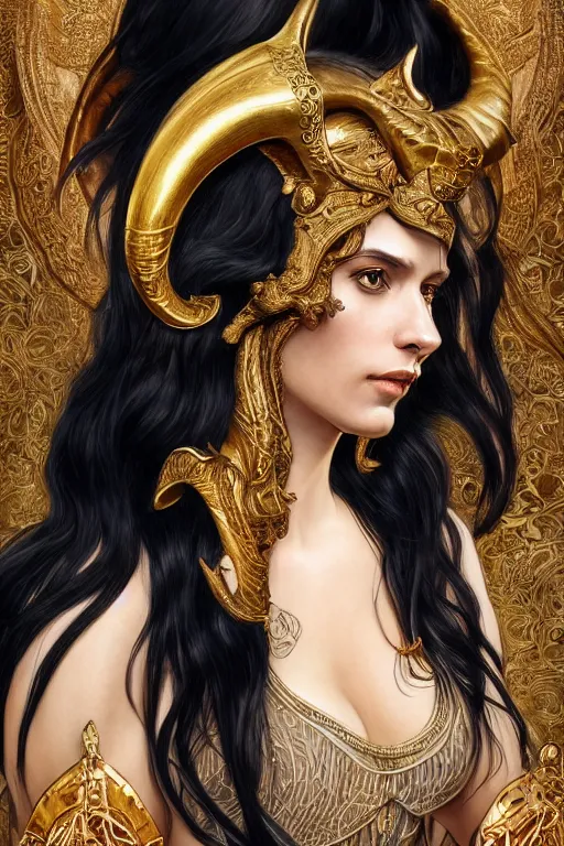 Image similar to fullbody!! of a beautiful woman with long black hair, big natural ram horns on her head, flowing dress, gold jewellery, dnd, face, fantasy, intricate, elegant, highly detailed, digital painting, artstation, concept art, smooth, sharp focus, illustration, art by artgerm and greg rutkowski and alphonse mucha