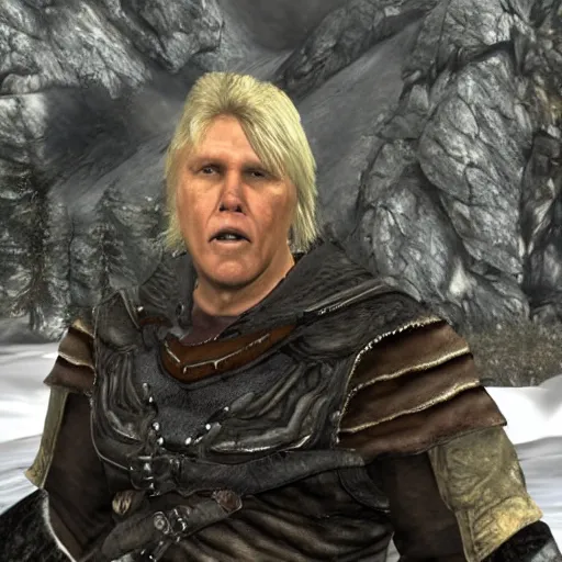 Prompt: screenshot of gary busey in Skyrim