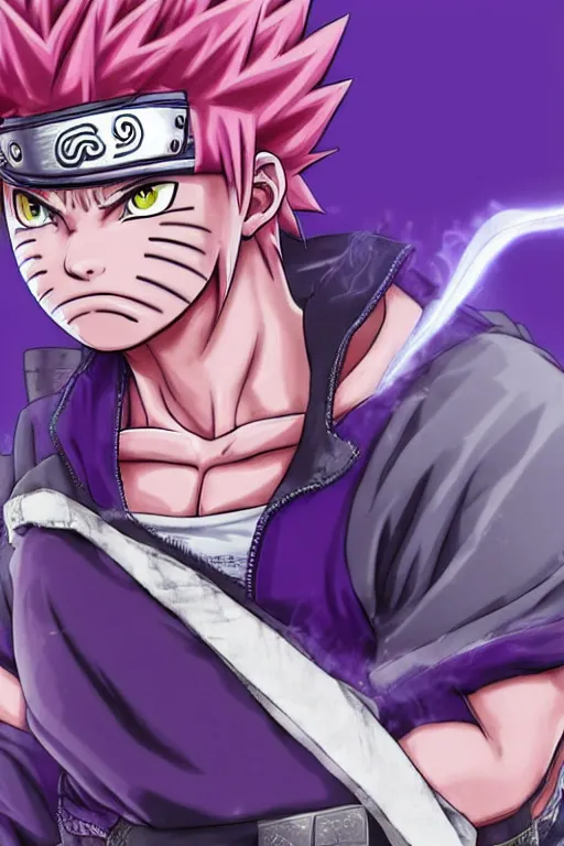 Image similar to close up of a naruto in smooth purple ninja uniform, blue spiked hair, muscular, intense, dramatic pose body of an ultrafine hyperdetailed illustration by kim jung gi, irakli nadar, intricate linework, sharp focus, bright colors, octopath traveler, final fantasy, unreal engine 5, global illumination, radiant light.