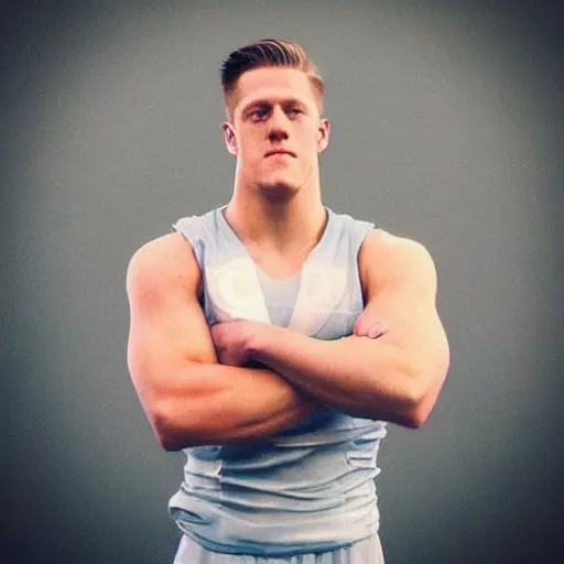 Image similar to “a realistic detailed photo of a guy who is an attractive humanoid who is half robot and half humanoid, who is a male android, football player JJ Watt, shiny skin, posing like a statue, blank stare”