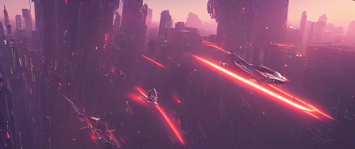 Image similar to an android on a flying motorcycle in a glowing neon cyberpunk retro futurism city at dawn by Ralph McQuarrie, unreal engine:.2, cinematic atmosphere:.3, establishing shot viewed from above:.6