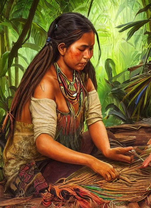 Image similar to a beautiful painting of a young indigenous female crafting a fabric in the jungle, realistic face, ayahuasca, fantasy art style, matte painting, highly detailed