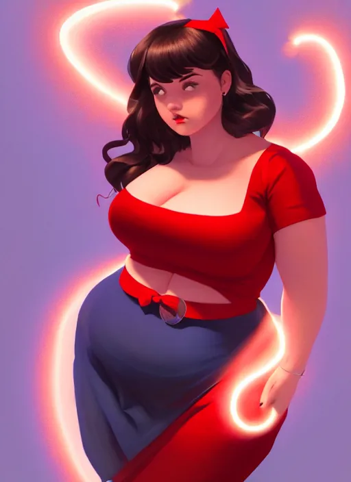 Image similar to full body portrait of teenage veronica lodge, obese, bangs, sultry, realistic, sultry smirk, wavy hair, red skirt, fat, belly, intricate, elegant, glowing lights, highly detailed, digital painting, artstation, concept art, smooth, sharp focus, illustration, art by wlop, mars ravelo and greg rutkowski