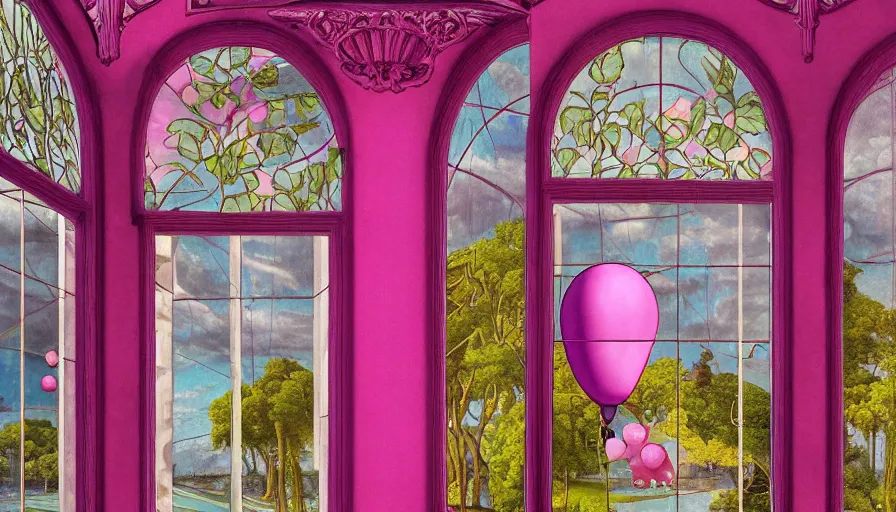 Prompt: a huge standalone hyperrealistic photorealistic hyperdetailed window reflecting an interesting magenta balloon, seen from the distance. art nouveau rococo in the style of caravaggio and botticelli. unexpected maximalist fabric elements hd 8 x matte background in vibrant vivid pastel colour textures