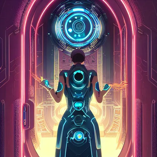 Prompt: a futuristic vault door, elegantly ornamented digital illustration by greg rutkowski, cyberpunk, android netrunner