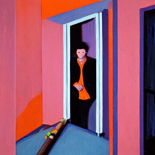 Prompt: a wide angle fine art painting of man with black hair smoking a spliff at the glass door of a balcony at night shown from inside, inspired by the styles of wes anderson and ( edward hopper ), toned orange and pastel pink