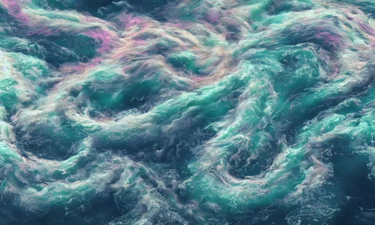 Prompt: hyper - realistic rendering of a turbulent flow over an island, complex vortex loop, vaporwave synth colors, highly detailed intermittent structures, artstation, natural lighting, 8 k, 1 6 k