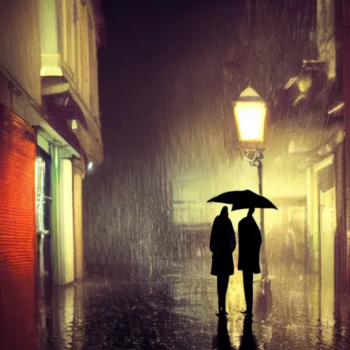 Prompt: an emotional picture of two shadowy figures under one umbrella at night in an ally, it is raining heavily, street lanterns are shining, they are reflected on the rainy street, 35mm, juno filter, motion blur, trending on artstation