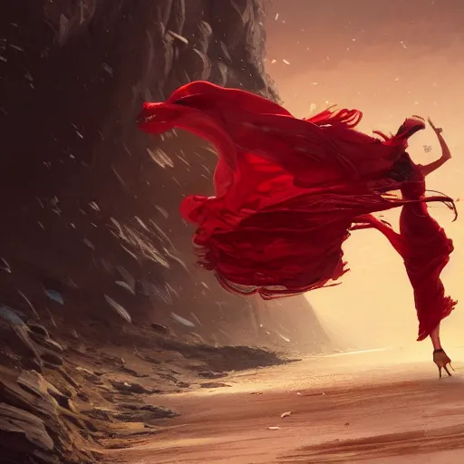 Image similar to a woman with red long dress balancing with wind in a glamor scene, highly detailed, illustration, fantasy art, in the style of greg rutkowski, epic, fantasy, intricate, hyper detailed, artstation, concept art, smooth, sharp focus, ray tracing