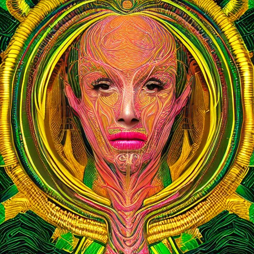 Prompt: a majestic portrait of a woman with a vascular structure as the amazon aws logo, digital painting, high detail, 8 k, intricate ornamental details, vibrant iridescent colors, green magenta and gold