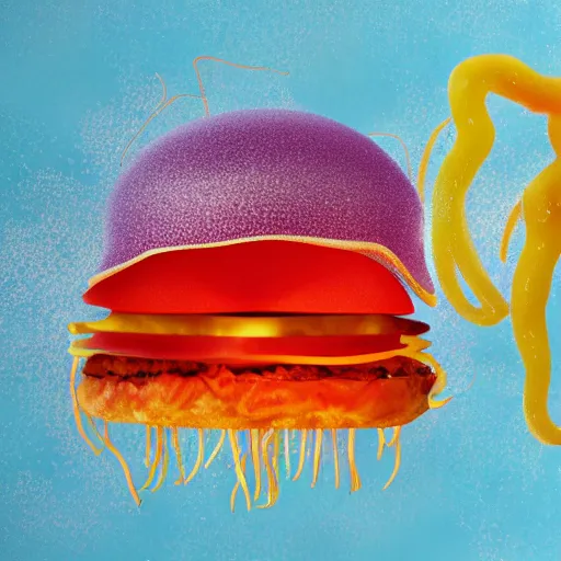 Image similar to hamburger mix jellyfish, cg, 8 k, sharp focus, style by andy warhol