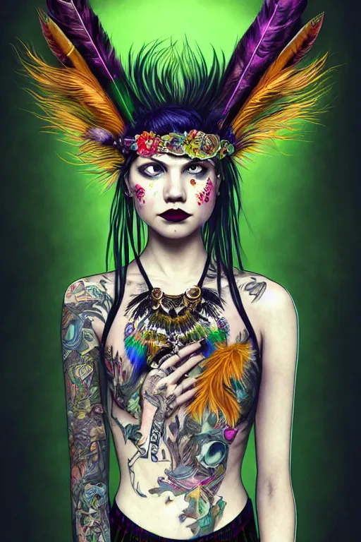 Image similar to portrait of hannah murray as a punk woman with green mohawk, neotraditional tattoos, fishnets, long tartan skirt as phoenix queen, feathers, wings, rainbow clothes,, sci - fi, intricate and very very beautiful and elegant, highly detailed, digital painting, artstation, smooth and sharp focus, illustration, art by tian zi and wlop and alphonse mucha