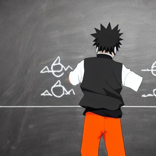 Image similar to Naruto solving quantum gravity on an blackboard, photograph, circa 2050