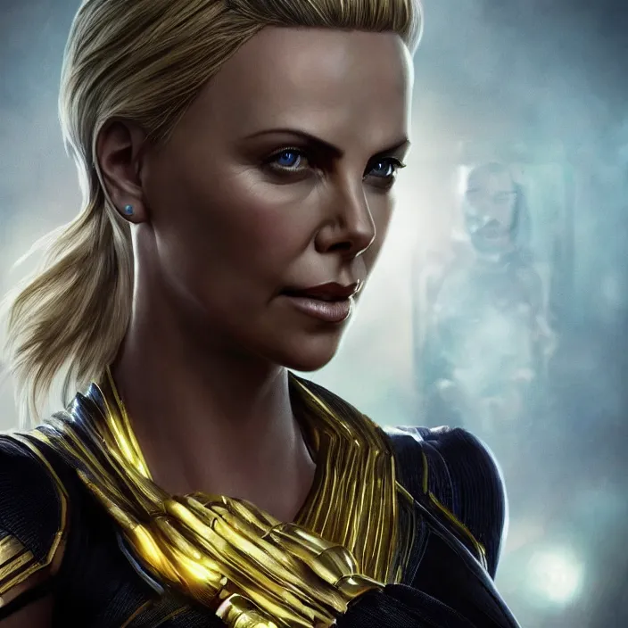 Image similar to portrait of (Charlize Theron), wearing The Infinity Gauntlet. intricate artwork. octane render, trending on artstation, very coherent symmetrical artwork. avengers. thanos. cinematic, hyper realism, high detail, octane render, 8k, iridescent accents