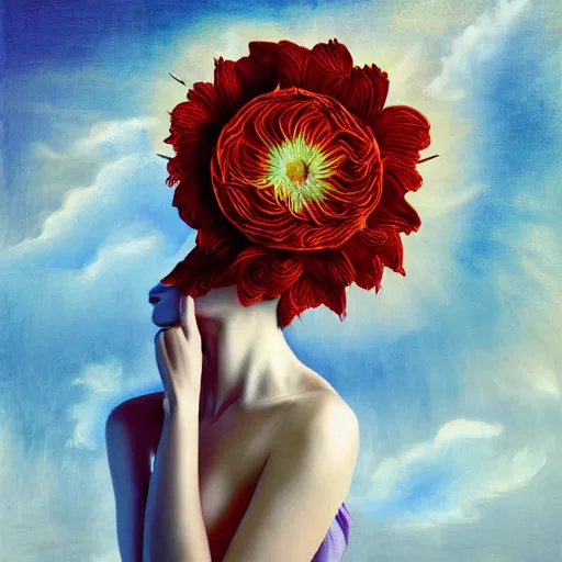 Image similar to huge flower as head, woman standing in a luxury apartment, surreal photography, dramatic light, impressionist painting, digital painting, artstation, georgia o'keeffe